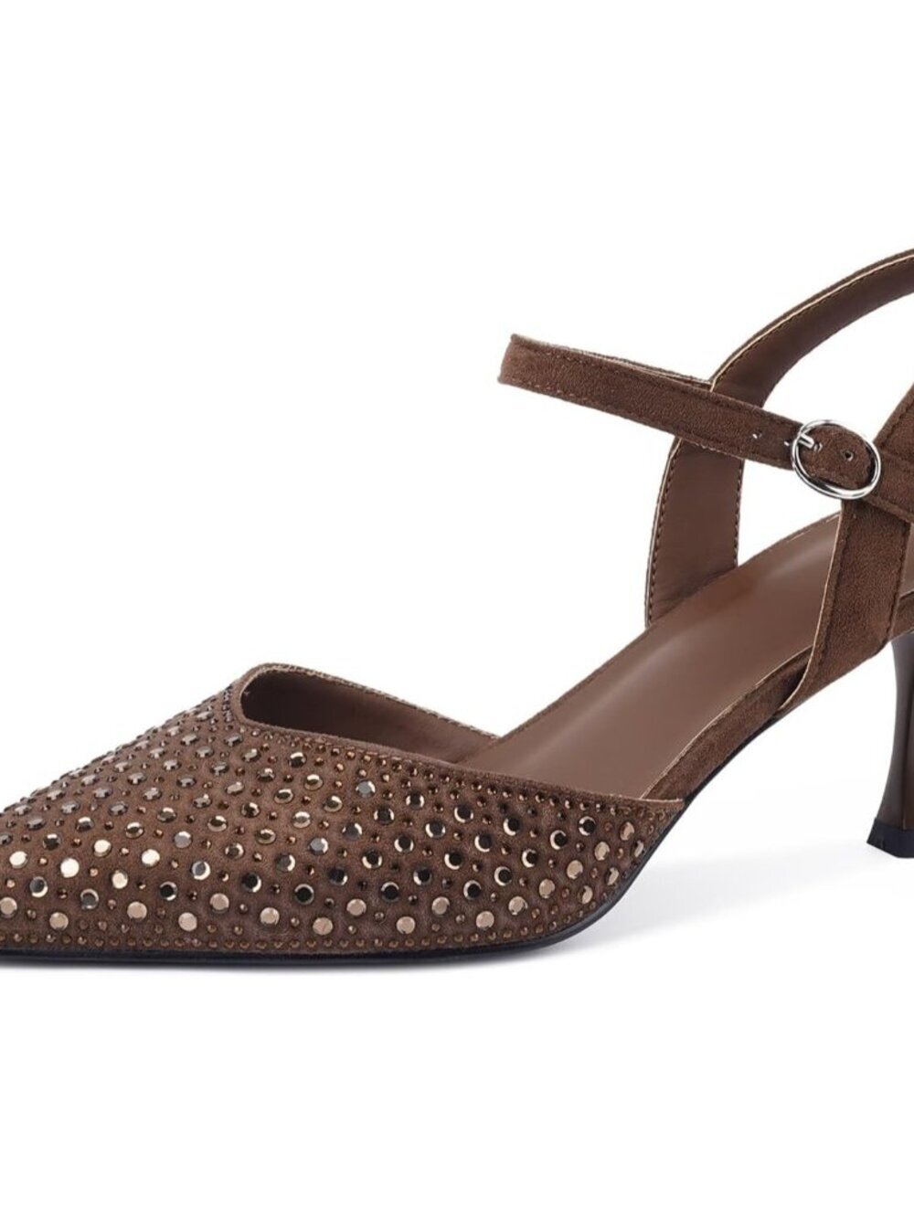 Women's Brown_rhinestone Slingback Kitten Shoes Toe Pumps Low Stiletto Heels
